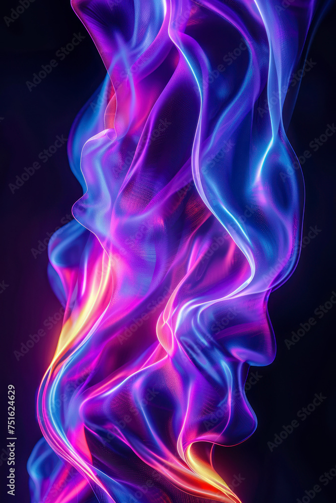 Vertical Abstract fluid 3d render holographic iridescent neon curved wave in motion dark background. Vertical Abstract fluid 3d render holographic iridescent neon curved wave in motion dark background.