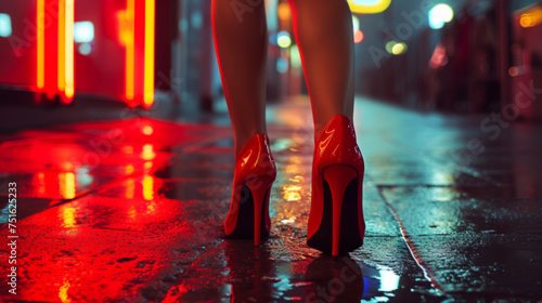 Glossy Red High Heels on Wet City Street at Night, Urban Chic Fashion