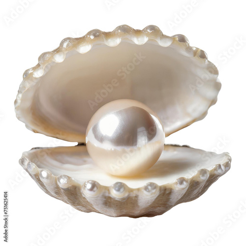 Round pearl nestled within an open shell, isolated on transparent background