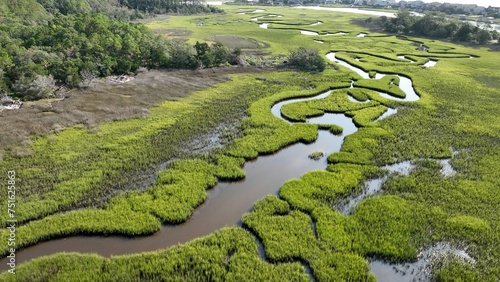 Vacation beach houses by the ocean at Pawleys Island, SC with view of natural salt water marsh in summer time along coastal South Carolina low country