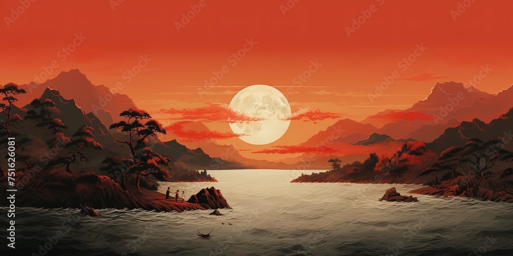 sun or moon horizon drawing, japanese style. - obrazy, fototapety, plakaty 