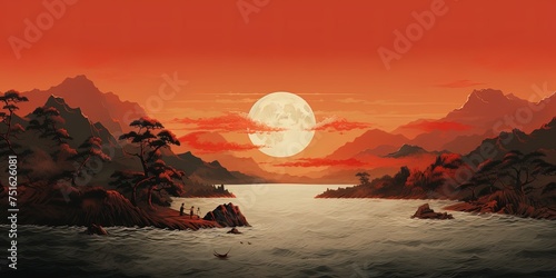 sun or moon horizon drawing, japanese style. photo