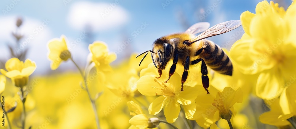 A bee is sitting calmly on vibrant yellow flowers in the midst of lush rapeseed fields. The bee appears to be collecting nectar from the flowers. - obrazy, fototapety, plakaty 