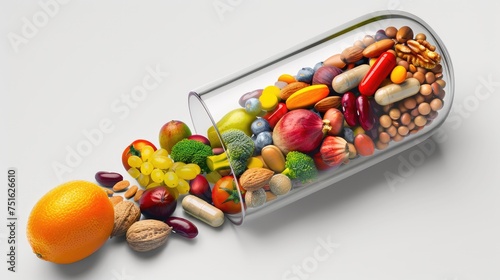 Nutritional supplements and vitamin supplements a capsules with fruit vegetables nuts and beans inside a nutrient pill  Medicine health concept. isolated on a white background