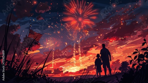 Family watching 4th of July Fireworks on a Hillside