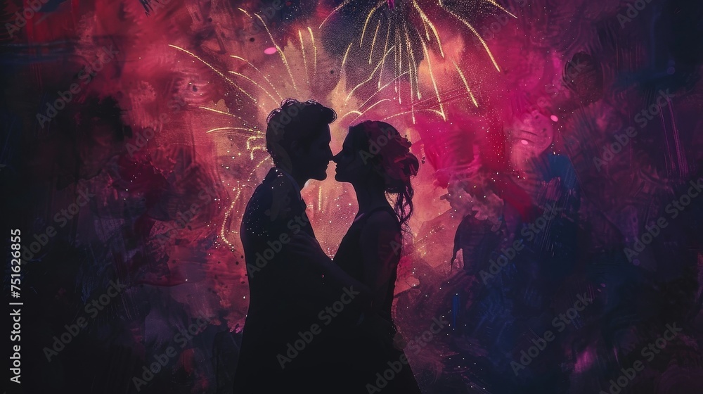 Impressionist Fireworks and Couple Silhouette in Romantic Embrace