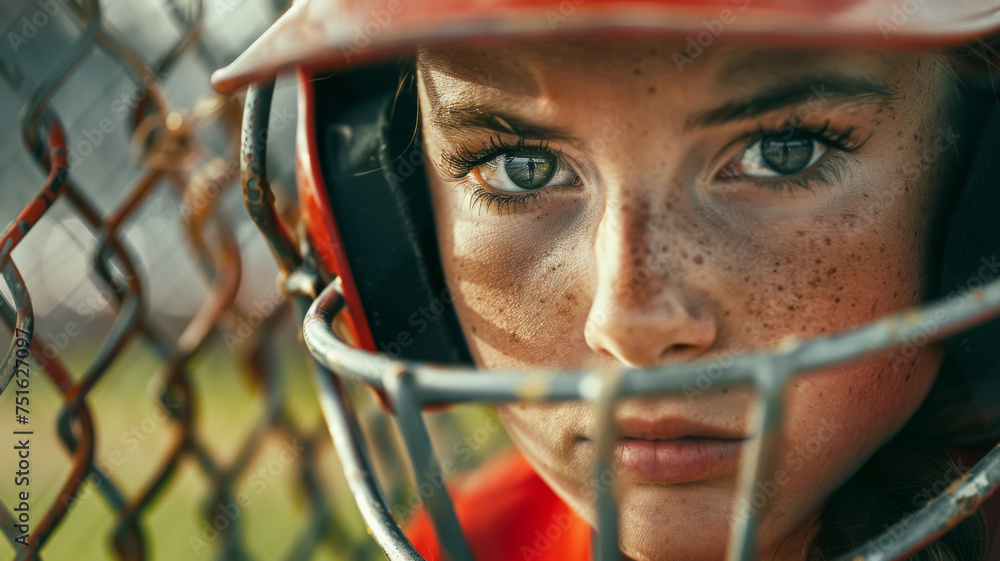 Closeup photo of a softball pitcher starring toward home plate with a serious look. gritty mean Closeup photo of a softball pitcher starring toward home plate with a serious look. gritty mean