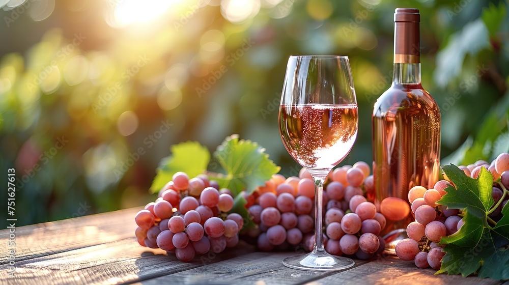 Rose wine tasting, glass of rose wine poured from bottle outdoors in garden party in vineyard - obrazy, fototapety, plakaty 