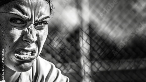 Closeup photo of a softball pitcher starring toward home plate with a serious look. gritty mean