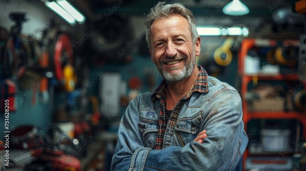 Smiling Elder Mechanic: Joyful Workshop Portrait of Skilled Expertise, Skilled and Happy Elder Mechanic's Joyful Smile in Garage Workshop