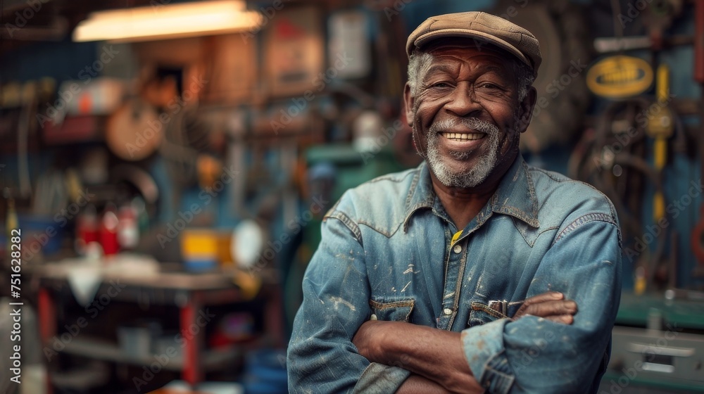 Workshop Confidence: Senior Mechanic with Arms Crossed in Garage, Socially Engaged Grandparentcore Senior Mechanic's Workshop Pride