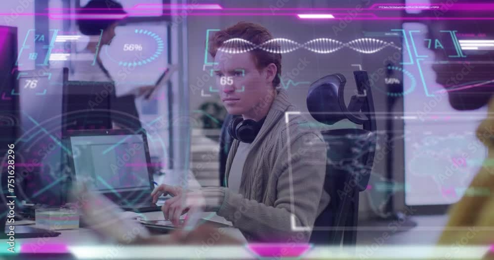 Animation of interface processing data over caucasian casual businessman working at office Animation of interface processing data over caucasian casual businessman working at office