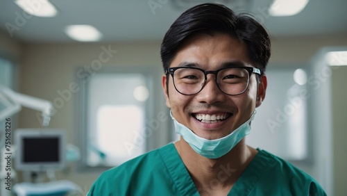 Portrait of a asian man dental student in hospital wearing scrub