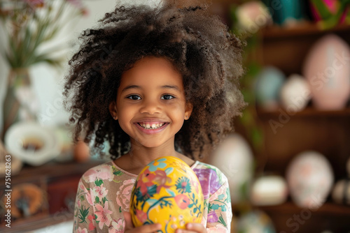 Radiant Young African American Girl with Floral Easter Egg