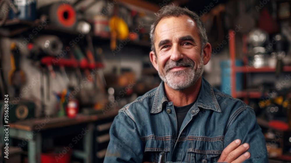 Smiling Elder Mechanic: Joyful Workshop Portrait of Skilled Expertise, Skilled and Happy Elder Mechanic's Joyful Smile in Garage Workshop Smiling Elder Mechanic: Joyful Workshop Portrait of Skilled Expertise, Skilled and Happy Elder Mechanic's Joyful Smile in Garage Workshop