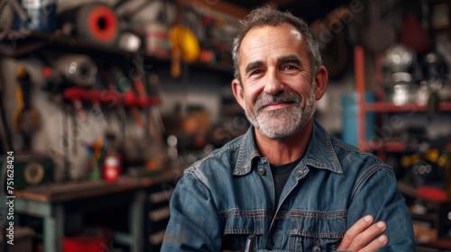 Smiling Elder Mechanic: Joyful Workshop Portrait of Skilled Expertise, Skilled and Happy Elder Mechanic's Joyful Smile in Garage Workshop