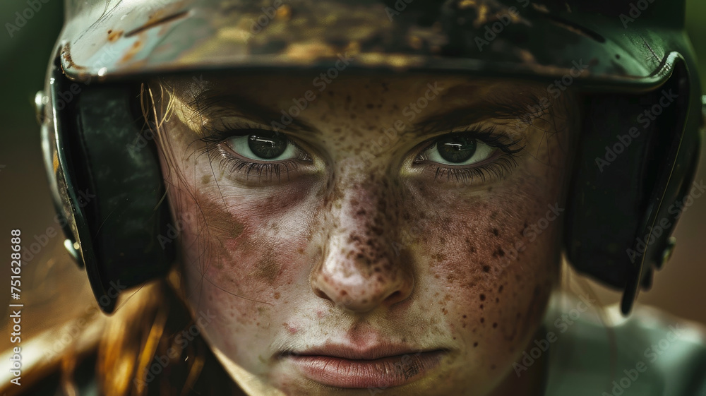 Closeup photo of a softball pitcher starring toward home plate with a serious look. gritty mean Closeup photo of a softball pitcher starring toward home plate with a serious look. gritty mean