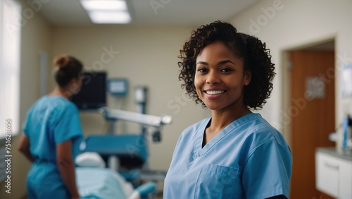Portrait of a black woman dental student in hospital wearing scrub photo