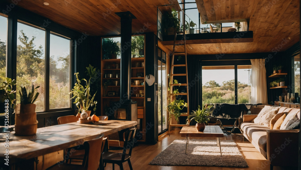 Eco-friendly living in a sunlit shipping container abode, skillfully decorated for a perfect balance of comfort and sustainability. - obrazy, fototapety, plakaty 