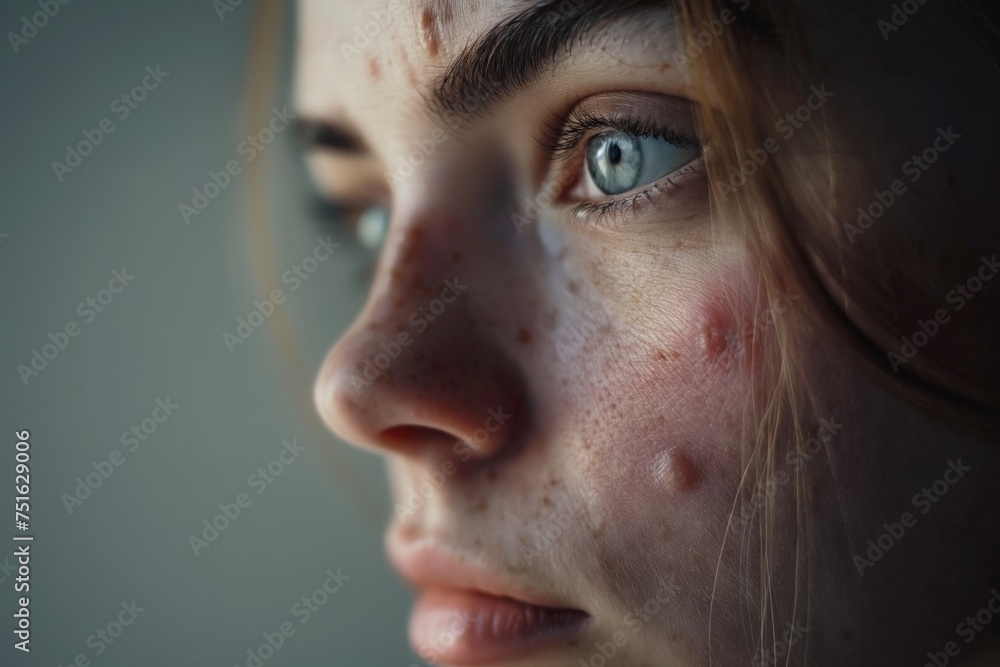 Young woman with acne inflammation on face over grey background Young woman with acne inflammation on face over grey background