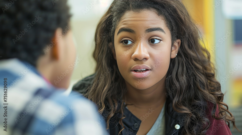 Young attentive female counselor engaged in a conversation with a high school student Young attentive female counselor engaged in a conversation with a high school student