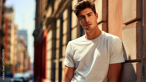 Fashionable male model in white t-shirt with a pensive look, leaning against an urban brick wall