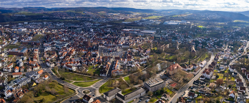Aerial view around the old town of Bad Hersfeld in germany on a sunny day in fall 