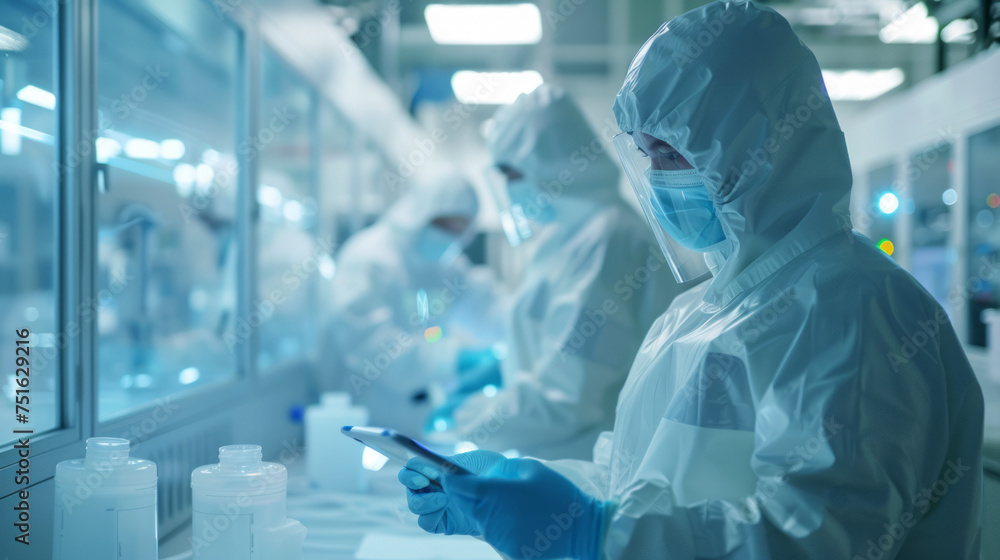 Lab Technicians in Cleanroom Suits Analyzing Data on Tablet Inside High-Tech Facility Lab Technicians in Cleanroom Suits Analyzing Data on Tablet Inside High-Tech Facility