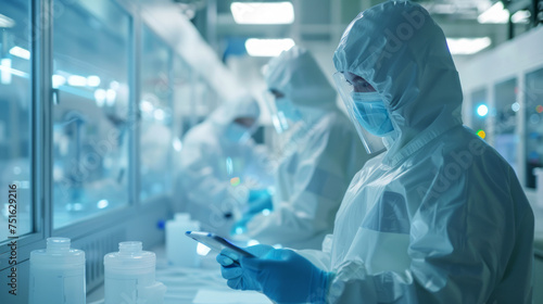 Lab Technicians in Cleanroom Suits Analyzing Data on Tablet Inside High-Tech Facility