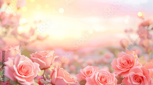 Cluster of delicate pink roses in full bloom against a dreamy bokeh background with soft golden light