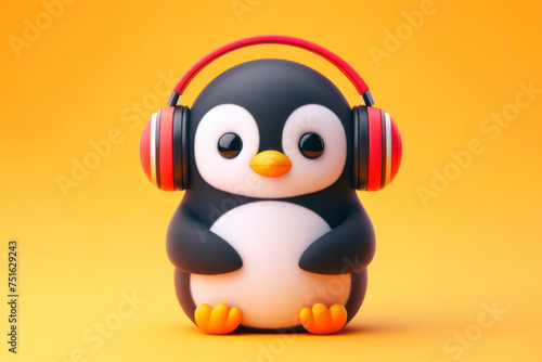 penguin in headphones isolated on solid color bright background. ai generative