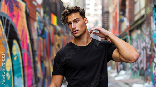 Confident Male Model in Casual Black Tee Striking a Pose Against Vibrant Graffiti Wall © thanakrit