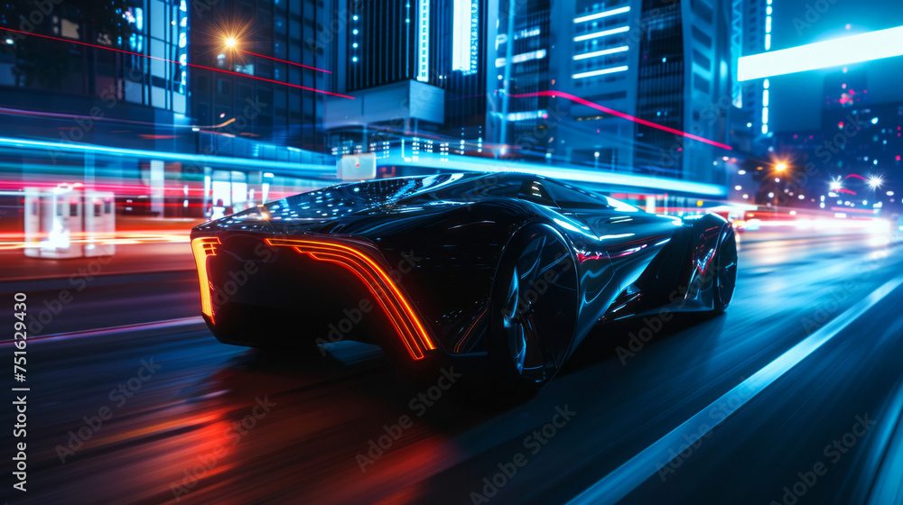 Futuristic Sports Car Speeding on Urban Road at Night with Dynamic Light Trails