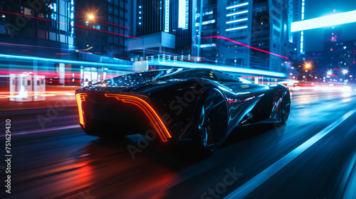 Futuristic Sports Car Speeding on Urban Road at Night with Dynamic Light Trails