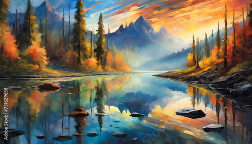 Abstract oil painting of scenery with mountains, lake and wild forest. Natural landscape.