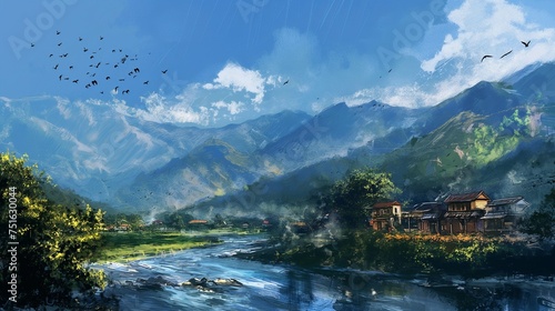 Revel in the serenity of streams winding through picturesque mountain villages, their beauty enhanced by the graceful presence of birds soaring in the clear blue sky. © AD Graphics