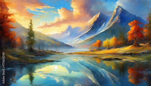 Abstract oil painting of scenery with mountains, lake and wild forest. Natural landscape.