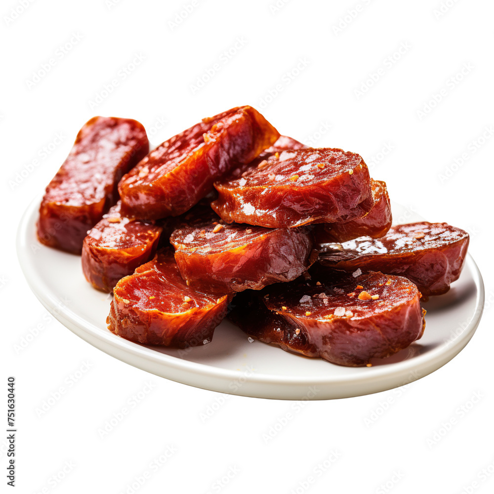 Spanish cured chorizo slices isolated on transparent or white background Spanish cured chorizo slices isolated on transparent or white background