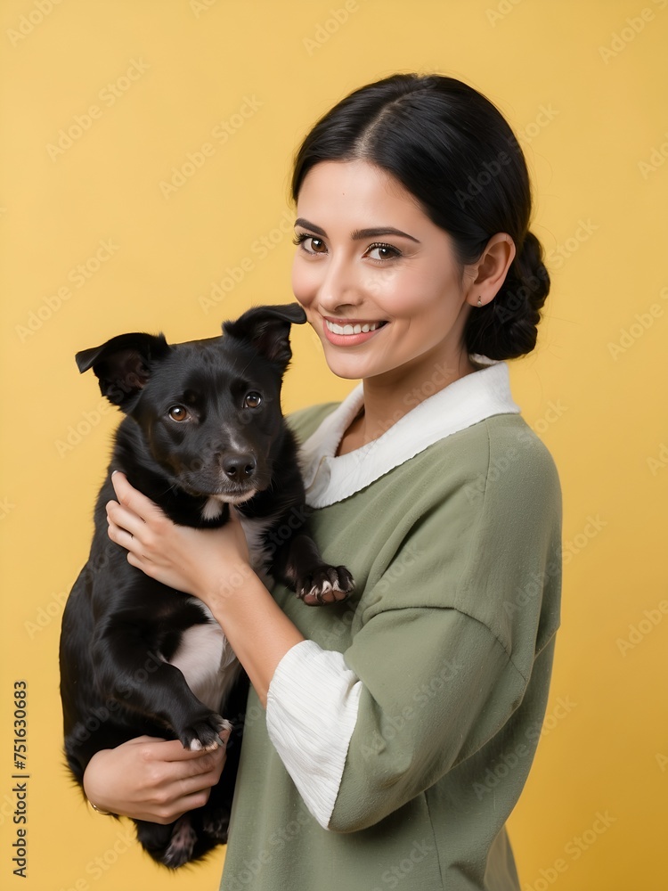 Woman hugging her dog in front of yellow background Woman hugging her dog in front of yellow background
