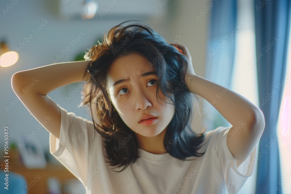 Young woman with acne inflammation on her face looking in the mirror at home Young woman with acne inflammation on her face looking in the mirror at home