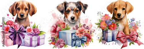 Watercolor dogs clipart with gift and flowers

