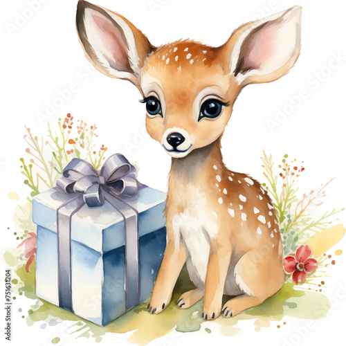 Watercolor deer clipart with gift and flowers  © SVector
