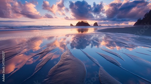 Rippling tide pools reflecting the mesmerizing hues of the midday sky on a tranquil beach.