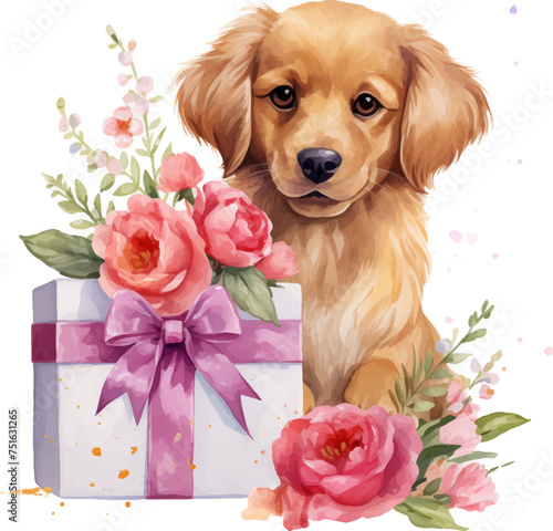 Watercolor dog clipart with gift and flowers
