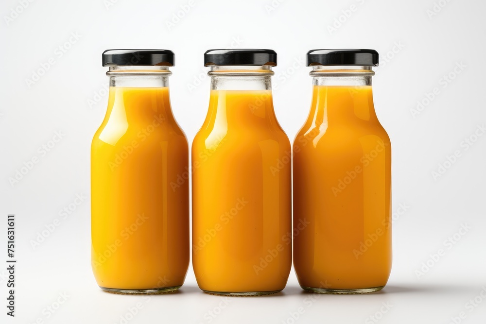 Several bottles of fresh orange juice on a white background isolated. Several bottles of fresh orange juice on a white background isolated.