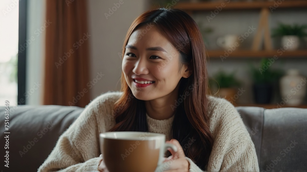 Asian woman drinking coffee sitting on sofa at home Asian woman drinking coffee sitting on sofa at home