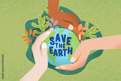 Happy Earth Day. Save the Earth. Diversity Human Hands Holding Earth Globe, Green Leaves. Environment Care and Eco-Friendly, Noise Grain Vector Illustration, Sustainability and World Environment Day
