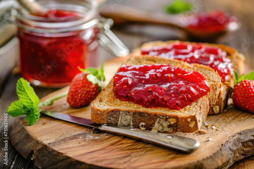 Vibrant homemade sugar-free jam spread on a slice of whole grain toast for healthy eating and diet
