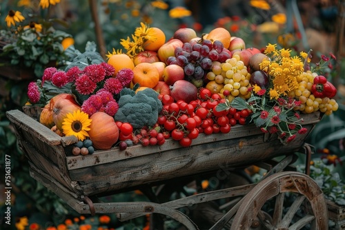 A wheelbarrow filled with assorted fruits, vegetables, and flowers.