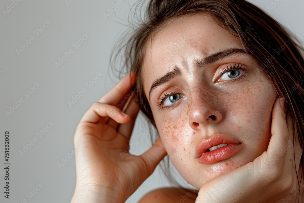 Young woman with acne inflammation on face over grey background Young woman with acne inflammation on face over grey background